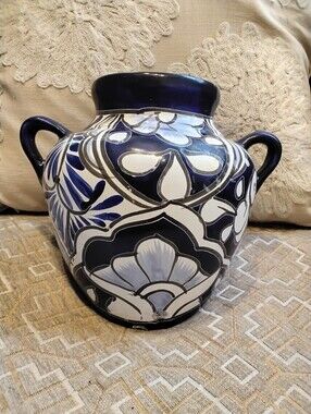 Mexican Talavera Blue & White Pot Wall Planter – Folk Art Ceramic Hanging Pot